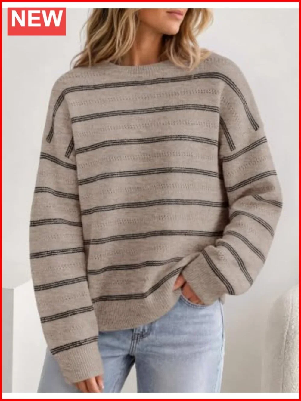 Crew Neck Long Sleeve Striped Pullover Sweater Knit Loose Fit